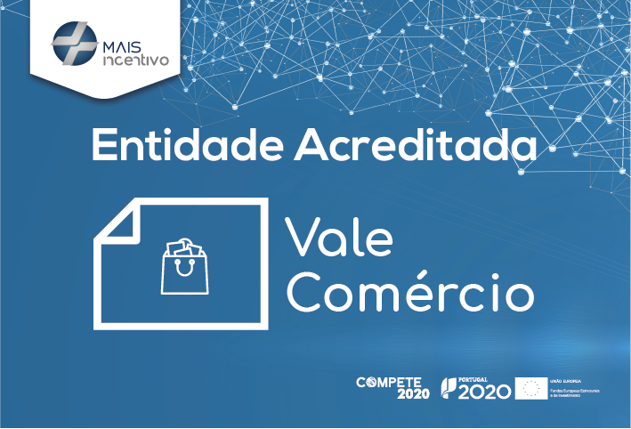 Mais incentivo acreditada para vale comercio, fundo azul com malha gráfica, icone de vale comércio